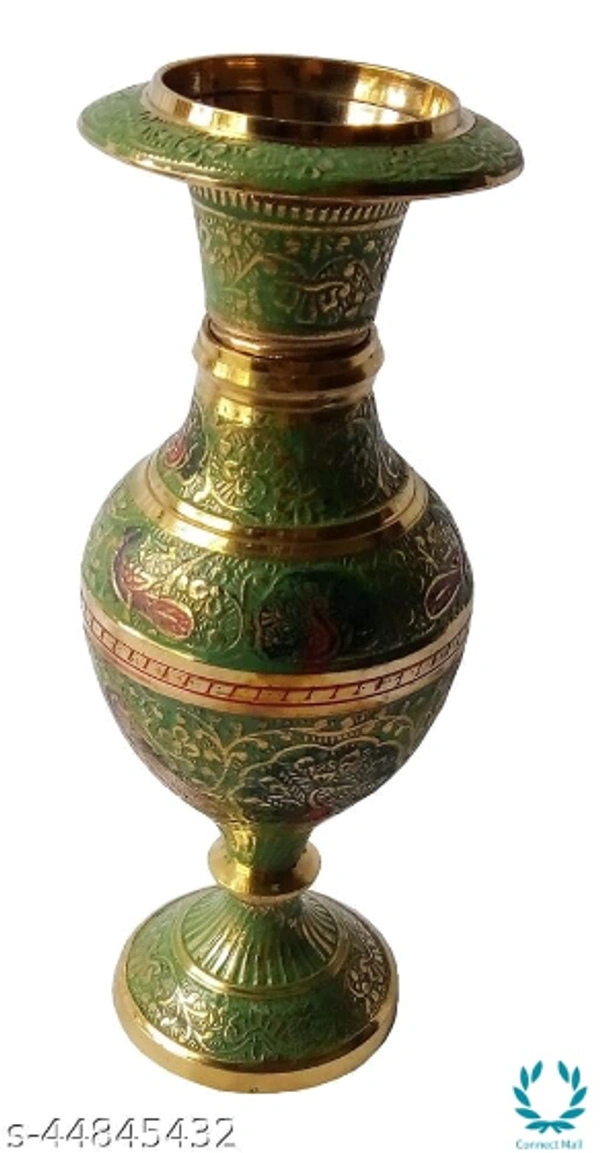 MOZO HUB Hand Crafted Green color Kashmiri Glass pattern Brass Flower Vase 17 CM